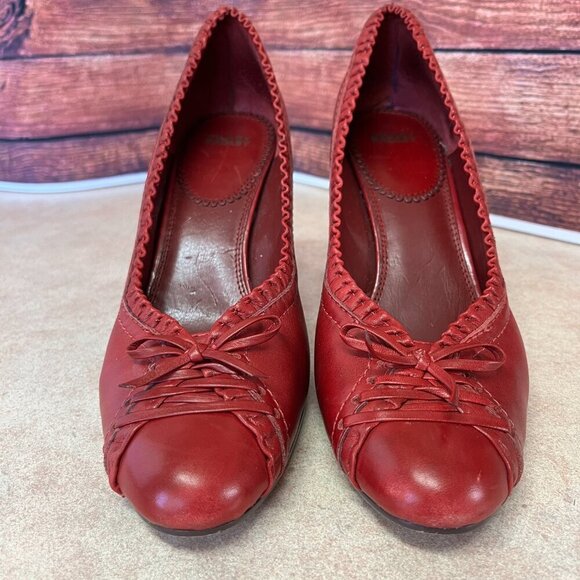 Hilary Radley Red Leather Pumps With Ruffles & Bow - Picture 4 of 16